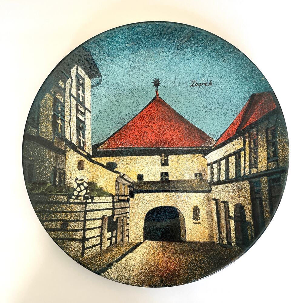 Vintage Enameled Metal Plate Features Zagreb Croatia's Stone Gate Kamenita Vrata